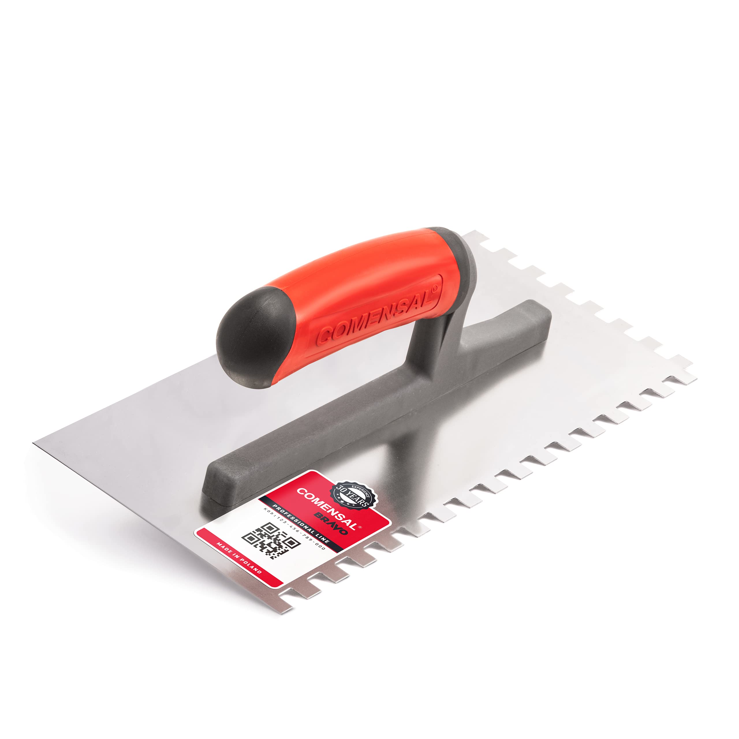 COMENSAL Notched Tiling Trowel 0.3"- Plastering Notched Trowel - Stainless Steel - Non-Slip Soft Grip - Made in EU - TD 8x8 mm