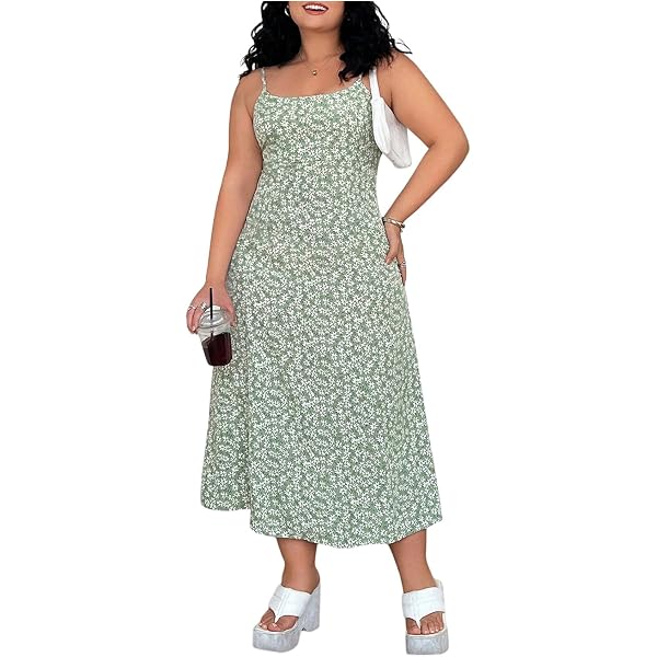 Floerns Women's Plus Size Floral Spaghetti Strap Midi Dress - Adjustable Tie Back, Vacation & Casual Wear