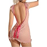 MakeMeChic Women's Bowknot Backless Lingerie Dress Floral Lace V Neck Sleeveless Mini Nightgown