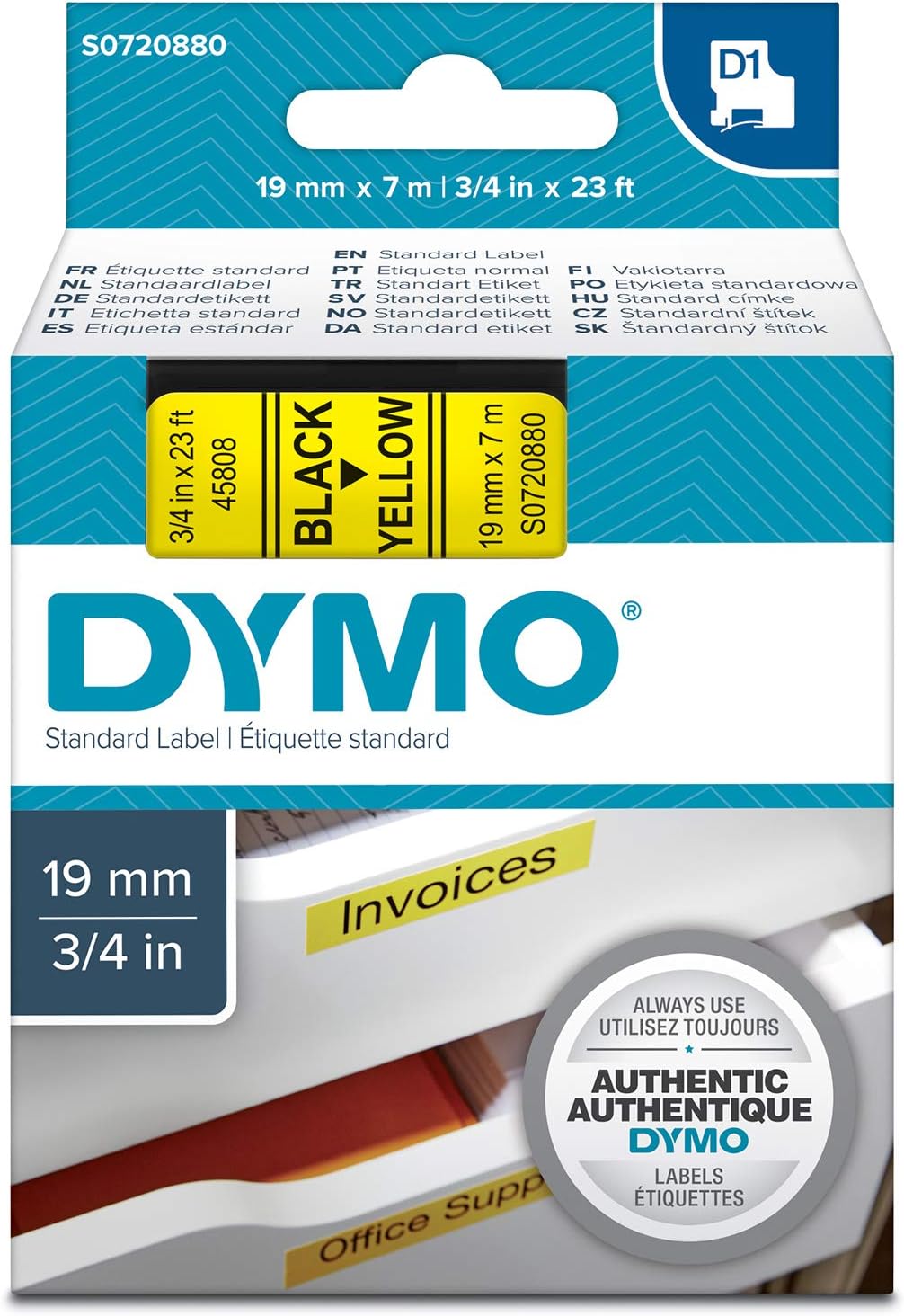 DYMO Authentic D1 Labels, Black/yellow, 19 mm x 7 m