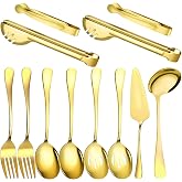 12 Pcs Gold Serving Utensils Set Include Stainless Steel Large Serving Spoons Slotted Spoons Forks Soup Ladle Pie Server - Metal Utensils for Parties Buffet Catering, Dishwasher Safe