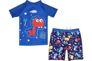 YAGATA Toddler Boys Swim Set Cute 2t Swimsuit Boy Dinosaur Bathing Suit Short Sleeve 3t Swimming Suits