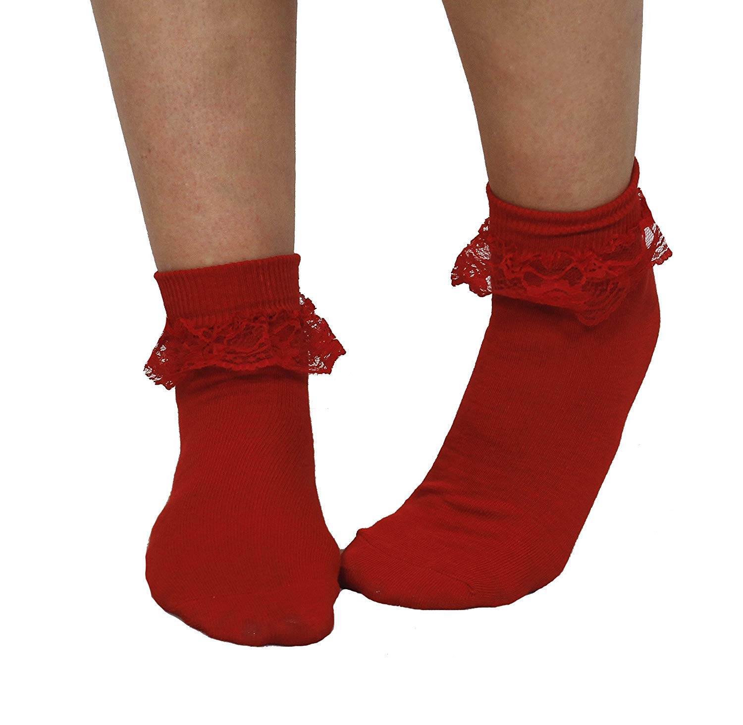Adult Red Bobby Socks - Red Frilled Ankle Length 50s Socks - 50s Fancy Dress Accessory - 1 Pair