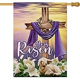 Artofy Christian Easter He is Risen Large Decorative House Flag, Religious Cross Lamb Lily Flower Faith Yard Garden Outside Decor, Spring Farmhouse Outdoor Home Burlap Decoration Double Sided 28 x 40