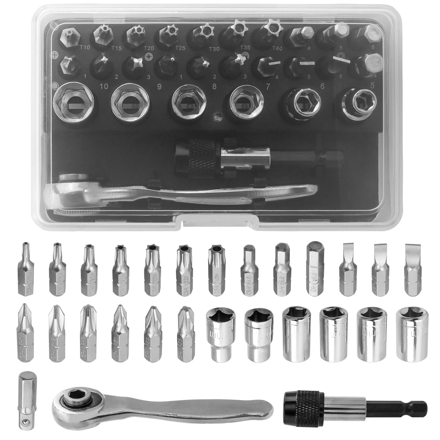 Mesee 28-Piece Mini Screwdriver Bit & Socket Set with Right Angle Ratchet Wrench and Extension Bar, CR-V Metric Driver Sockets 1/4" Hex Shank Multi-Bit Torx Sloted Hexagon Pozidrive Phillips Bits