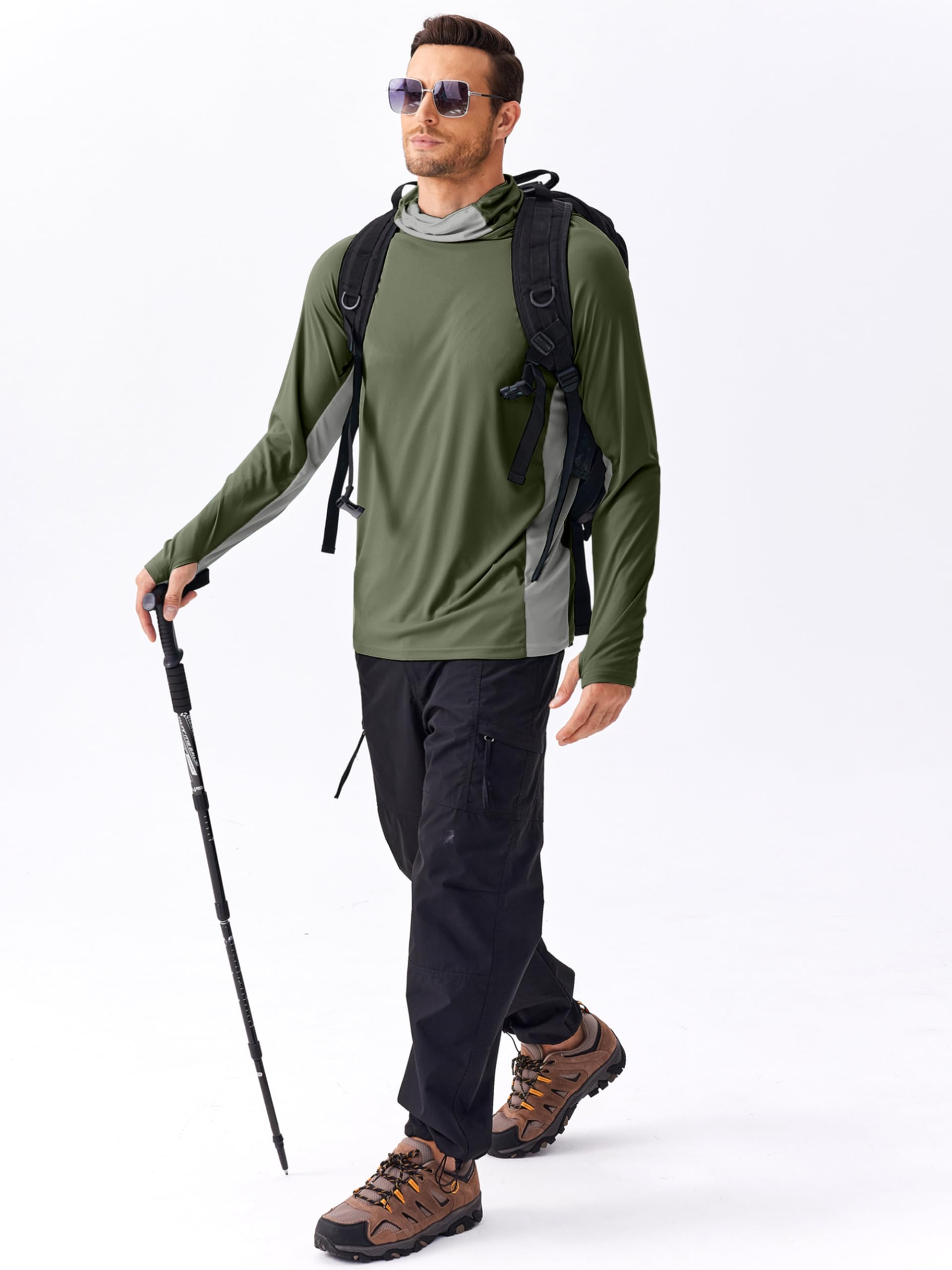 Men's Sun Protection Hoodie with Mask UPF 50+ Fishing Shirts for Men - UV Long Sleeve Shirt Men for Running Athletic Workout M Army Green