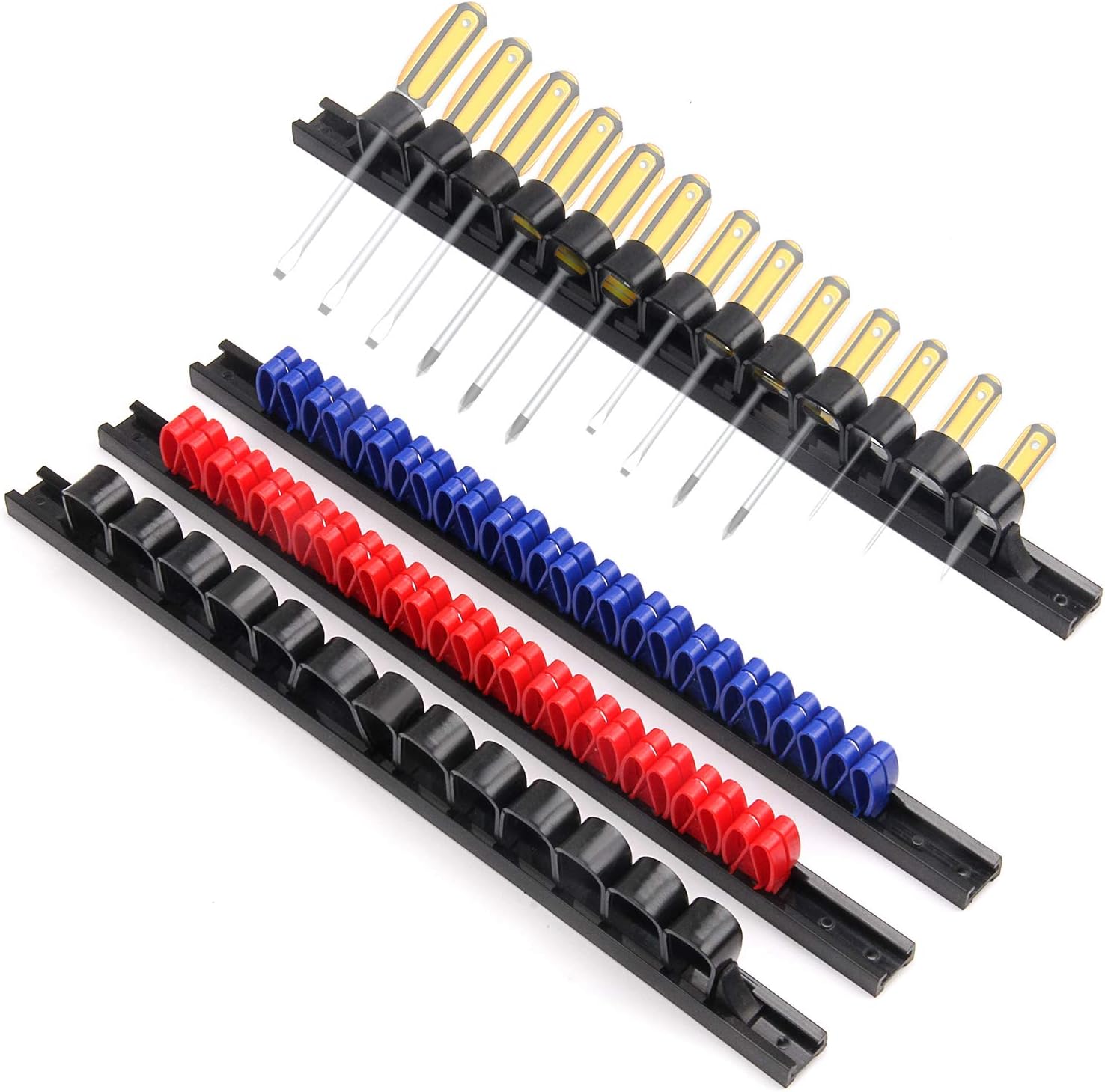 Makitoyo Wall Mounted Screwdriver Organizer, ABS Screwdriver and Wrench Holder, Hand Tool Holder, ABS Rail Wrench Hanger with Clips, 4 Pieces Set