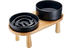 MOPANG Ceramic Slow Feeder Dog Bowl and Water Bowl Set for Medium and Large Breed, Ceramic Dog Bowls Elevated with Wooden Stand, 2.0 Cups Dog Slow Feeder(30oz) and 70oz Water Bowl Set, Black