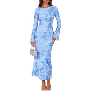 ZESICA Women Fall Long Sleeve Wedding Guest Cocktail Maxi Dress | Bodycon, Mesh, Back Slit, Floral, Crewneck, 2026 Formal Ele