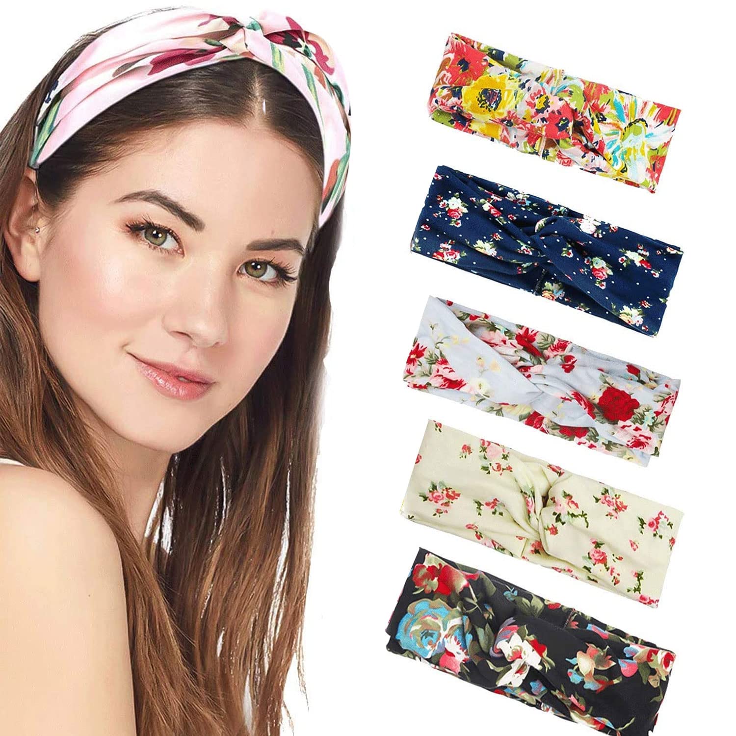 Headband Women Vintage Flower Headband Printed Head Scarf Elastic Hairband，Bandana Boho Hairbands Hair Accessories，5Pcs