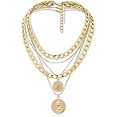 MJartoria Gold Layered Necklaces for Women Trendy Retro Birthflower Coin Pendant Necklace Dainty Chunky Chain Choker Necklaces for Jewelry Birthday Gifts