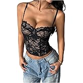 MakeMeChic Women's Floral Lace Bustier Top Spaghetti Strap Y2k Camisole Going Out Crop Tops