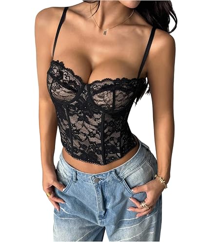 SOLY HUX Women's Lace Bustier Corset Tie Front Mesh Party Going