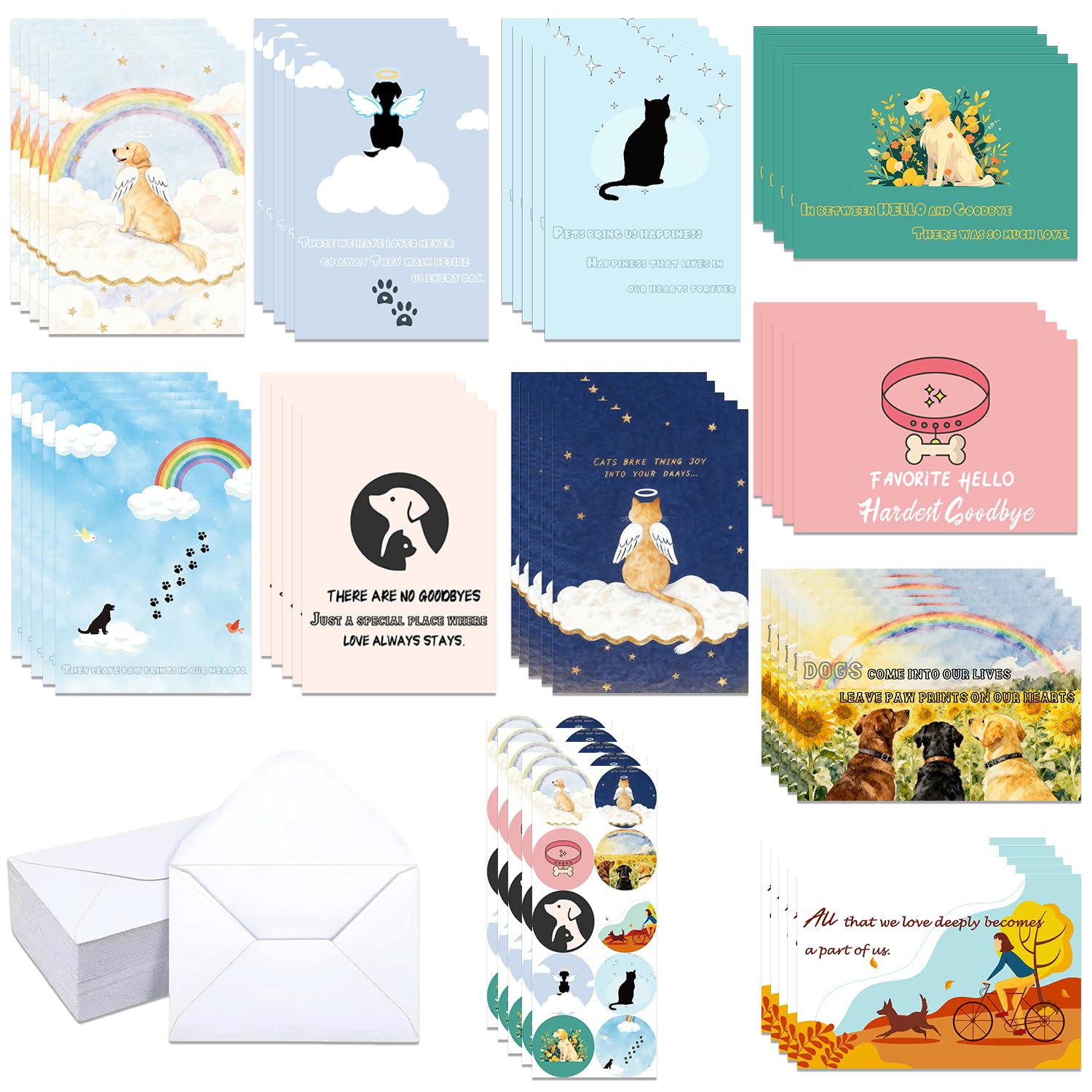 Photo 1 of 150 Pcs Pet Sympathy Cards with Envelopes and Stickers,10 designs 6 x 8 inch for Loss of Pet Dog and Cat with Paw & Heart Loss of Dog Condolence Cards Bulk Pets Bereavement Gifts with Heartfelt Healing Message Design with Printed Message Inside (For dogs 