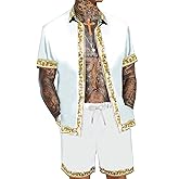 OYOZONE Men's Hawaiian Shirt and Short Set 2 Piece Outfits Luxury Printed Casual Button Down Short Sleeve Satin Shirt Suits