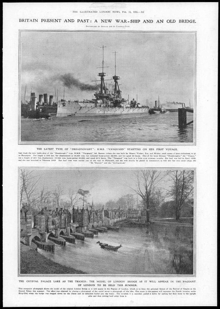 1910 Antique Print - Shipping HMS Vanguard Crystal Palace Lake Model (199)