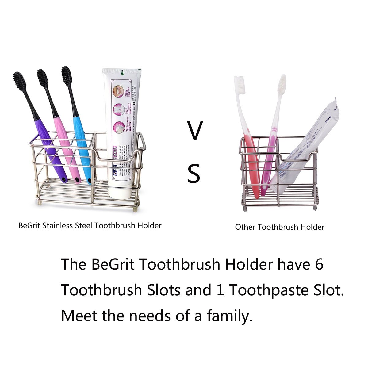 BeGrit Toothbrush Holder Stand Stainless Steel Toothpaste Organizer for Bathroom Vanity Countertops