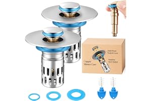 BYDA 2Pack Universal Bathroom Sink Stopper Replacement,Pop Up Sink Drain Strainer Hair Catcher,Solid Brass Silent Popper Core/Stopper,Stainless Steel Removable Filter Basket for 1.05~2.0''Hole (2pack)