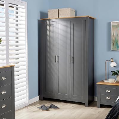 Home Source 3 Door Wardrobe, Oak Effect Top, Dark Grey, 5 Shelves