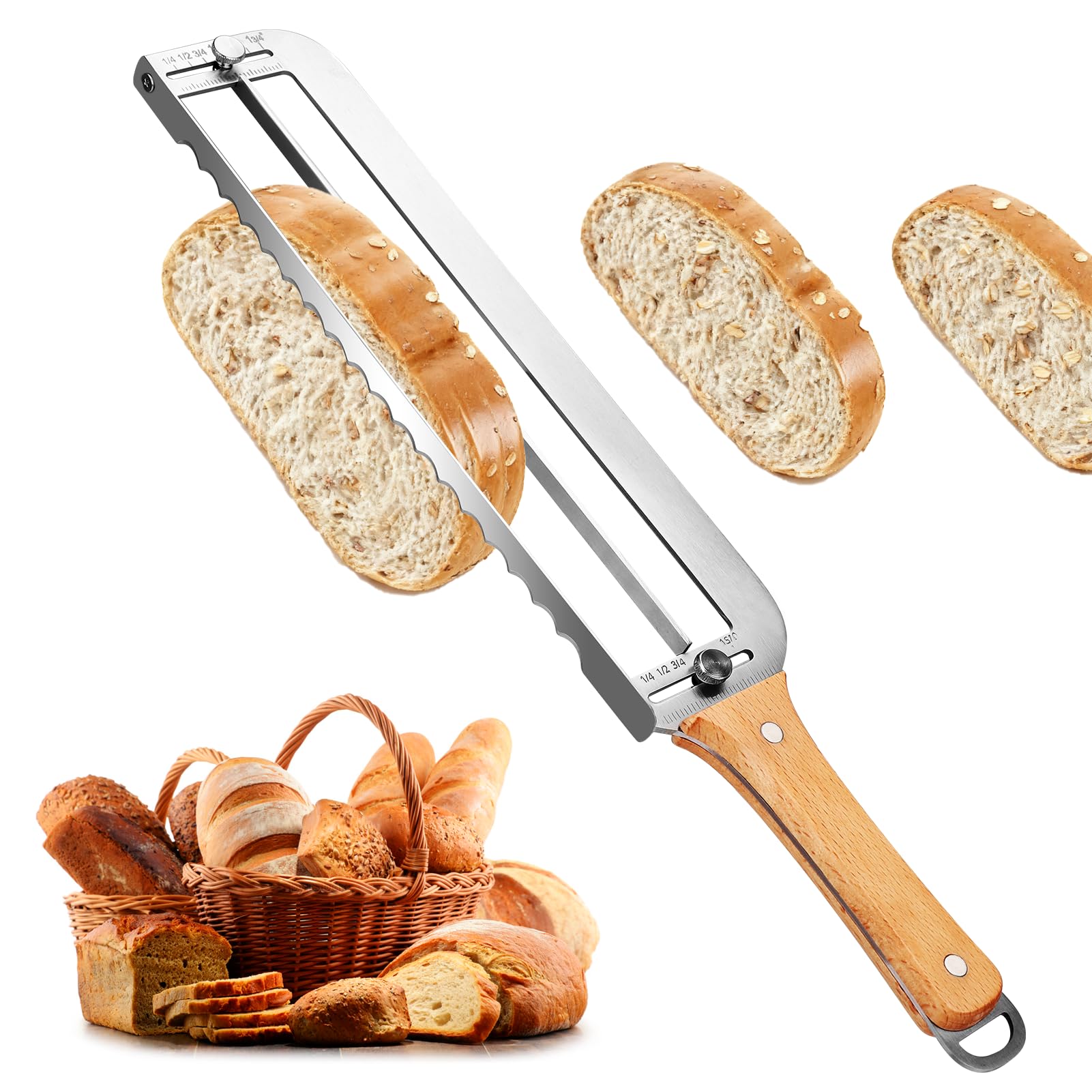 Photo 1 of ***DAMAGED ITEM- SEE NOTES***
Adjustable Bread Slicer for Homemade Bread - Upgrade Manual Sourdough Bread Knife with Thickness Guide, Bread Bow Cutter with Stainless Steel Serrated Blade for Baguettes Bagels, Ideal Gift for Baker