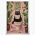 Funny Black Cat Bathroom Wall Art Pink Bathroom Cat Reading on Toilet Poster Humor Animal Signs Posters Paintings Wall Decor for Restroom Aesthetic 8x12inch Unframed