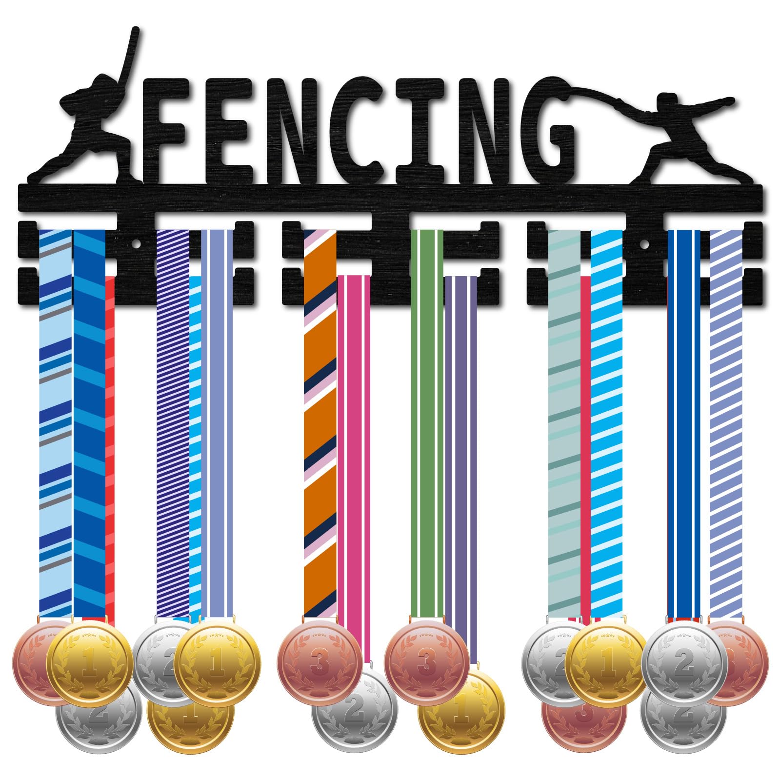 CREATCABIN Fencing Medal Hanger Display Medal Holder Sports Rack Wall Mount Frame Wooden Medal Hangers Organizer for Hanging Over 30 Medals Running Football Marathon Athlete Awards 15.7 x 5.9 Inch