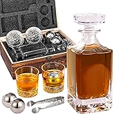 Whiskey Decanter Set with Wooden Box, Lion Whiskey Glasses 10 oz and 25 oz Bourbon Decanter Set with 18/10 Stainless Steel Whiskey Stones, Tongs, Whiskey Gifts for Men Husband Dad Wedding