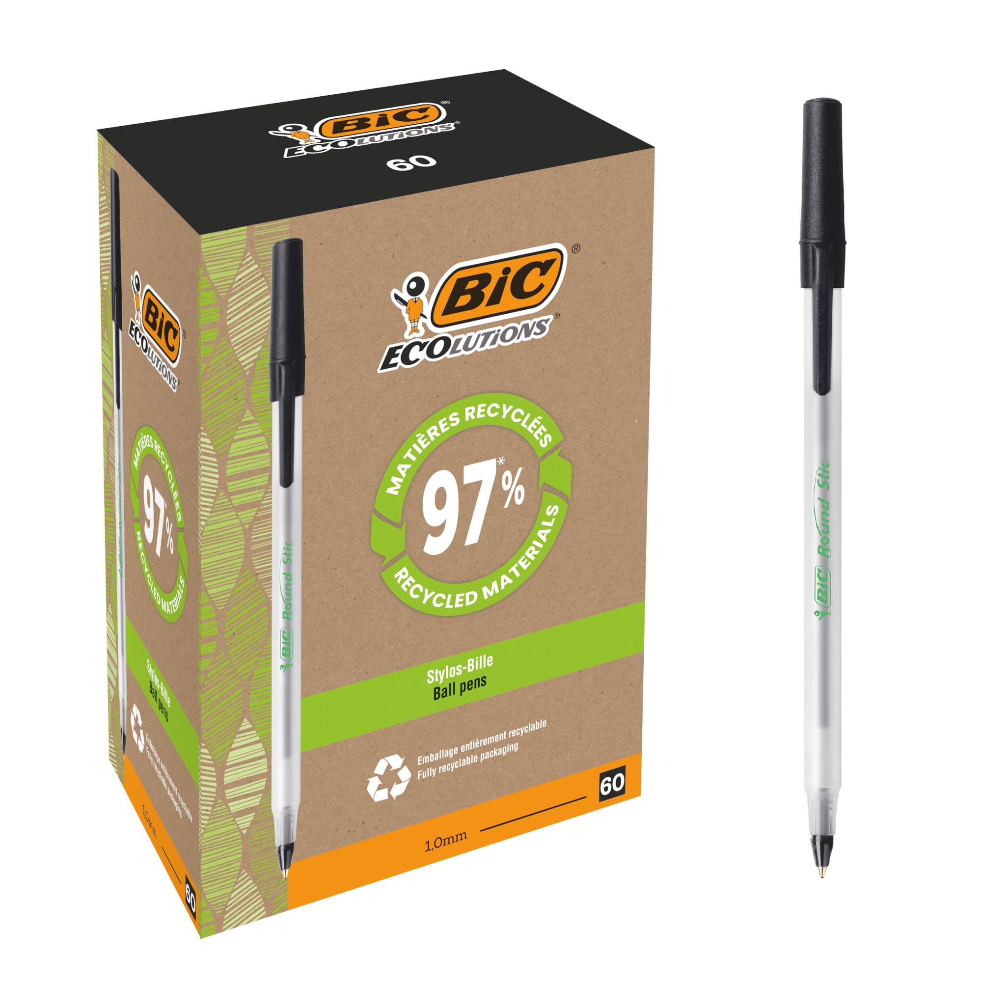 BIC Round Stic ECOlutions Ballpoint Pens - Box of 60 - Black - Medium Writing Point (1.0 mm) Large Office Size