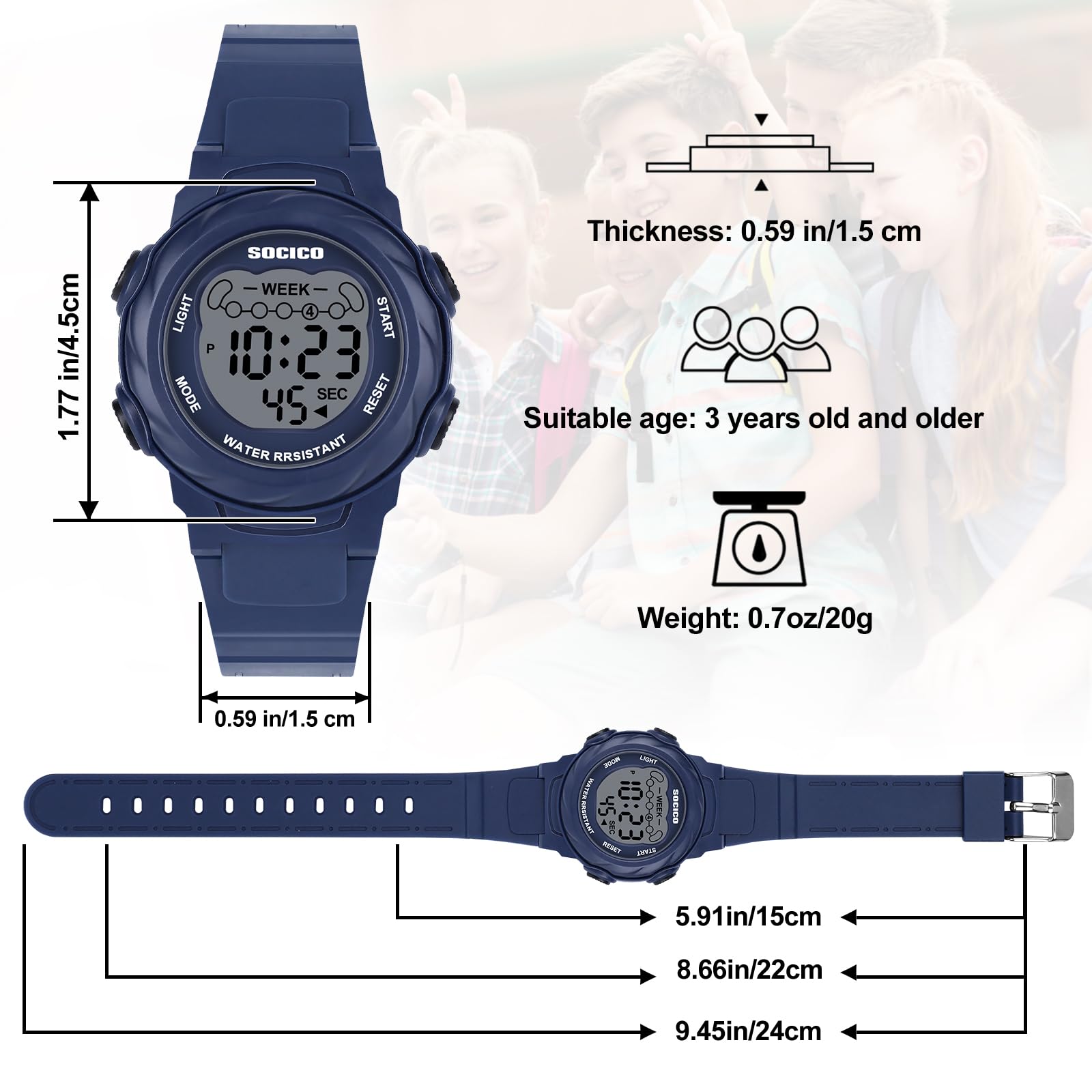 SOCICO Kids Digital Watches for Girls Boys, 5ATM Waterproof, 7 Color Lights Waterproof Watches for Kid with Alarm Stopwatch, Soft Band Wrist Watch Christmas Gifts for Kids Ages 5-12