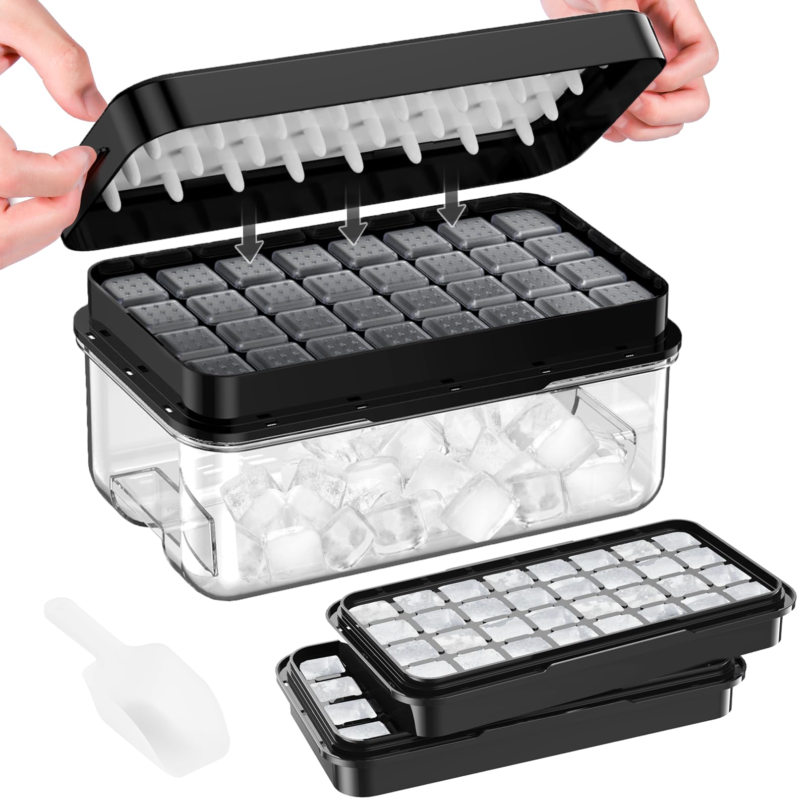Photo 1 of Ice Cube Tray with Lid and Bin, PHINOX 64 pcs Ice Trays for Freezer, Ice Cube Trays for Freezer with 2 trays, Container, Lid & Ice Scoop, BPA Free, Black
