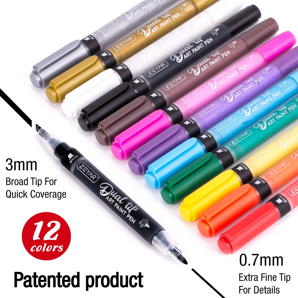 ZEYAR Acrylic Paint Pen, Dual Tip: Board and Extra Fine, 12 Colors, AP Certified, Waterproof Ink, Works on Rock, Wood, Glass, Metal, Ceramic and More (12 Classic Colors)