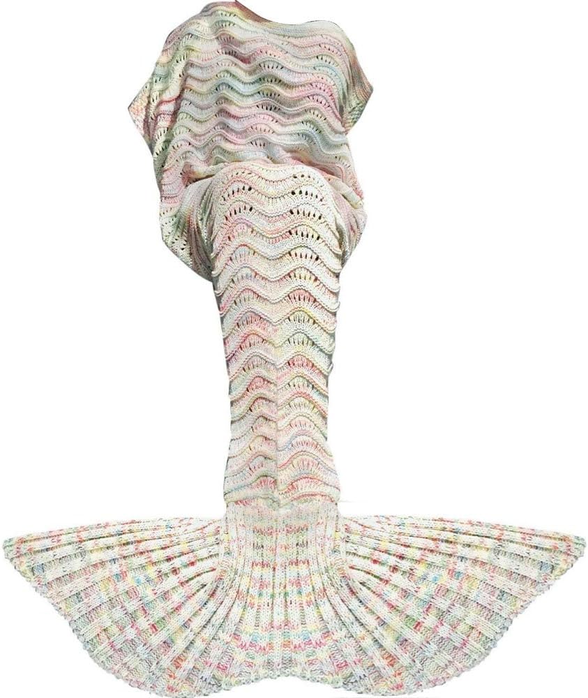 Fu Store Mermaid Tail Blanket Crochet Mermaid Blanket for Adult, Super Soft All Seasons Sofa Sleeping Blanket, Cool Birthday Wedding, 71 x 35 Inches, Colorful White
