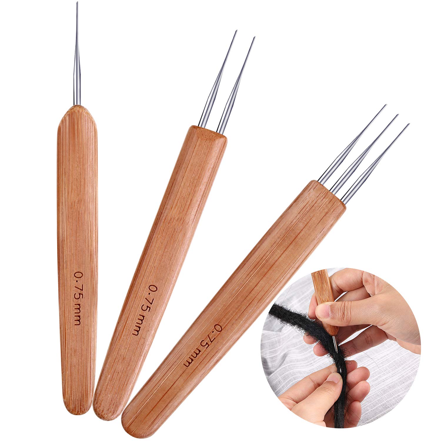 Zonon 3 Pieces 0.75 mm Dreadlock Crochet Hook Bamboo Dreadlocks Needle Weaving Crochet, Include 1 Hook, 2 Hooks, 3 Hooks for Dreadlock Supplies