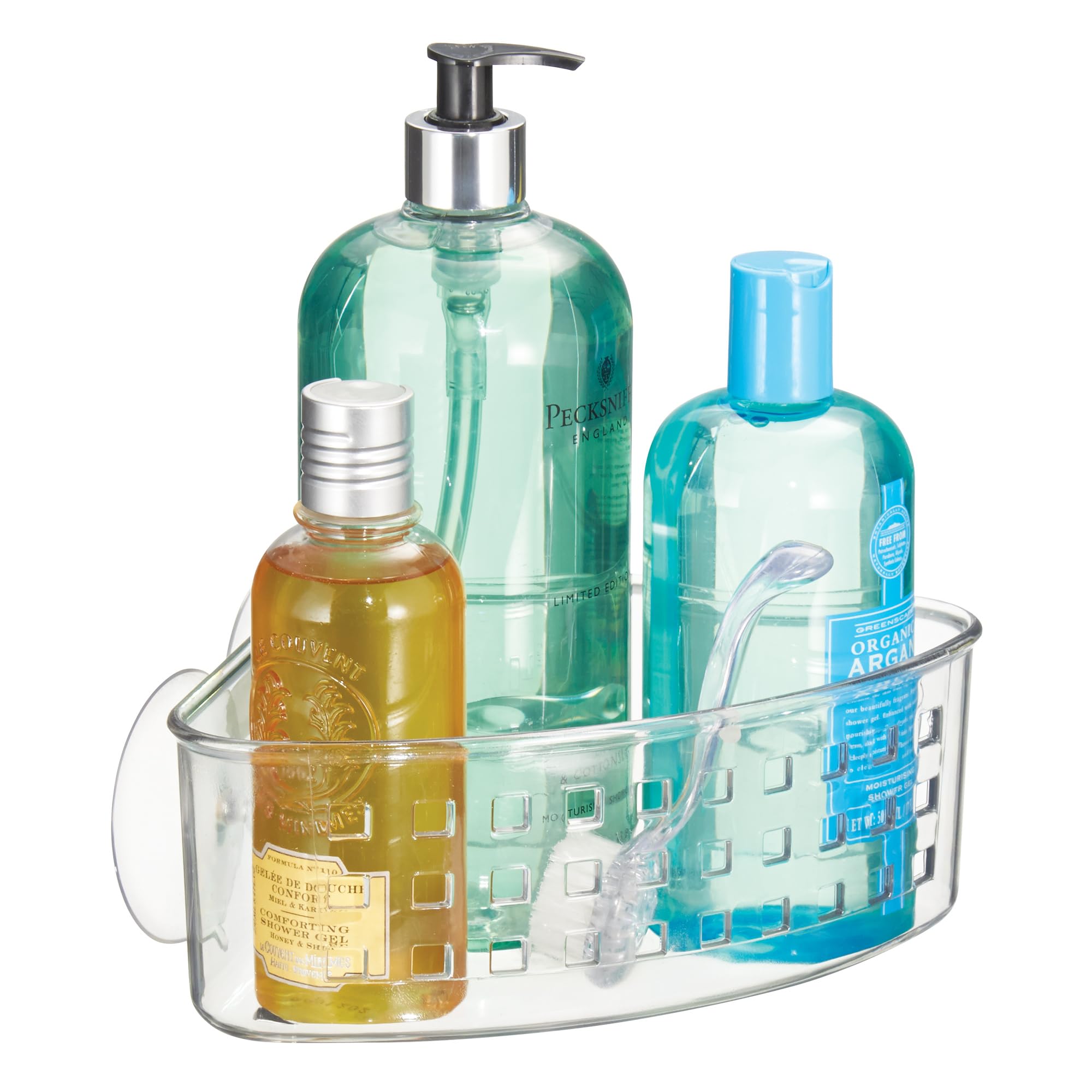 iDesign Basic Corner Shower Basket, Plastic Shower Basket with Suction Cups, Clear