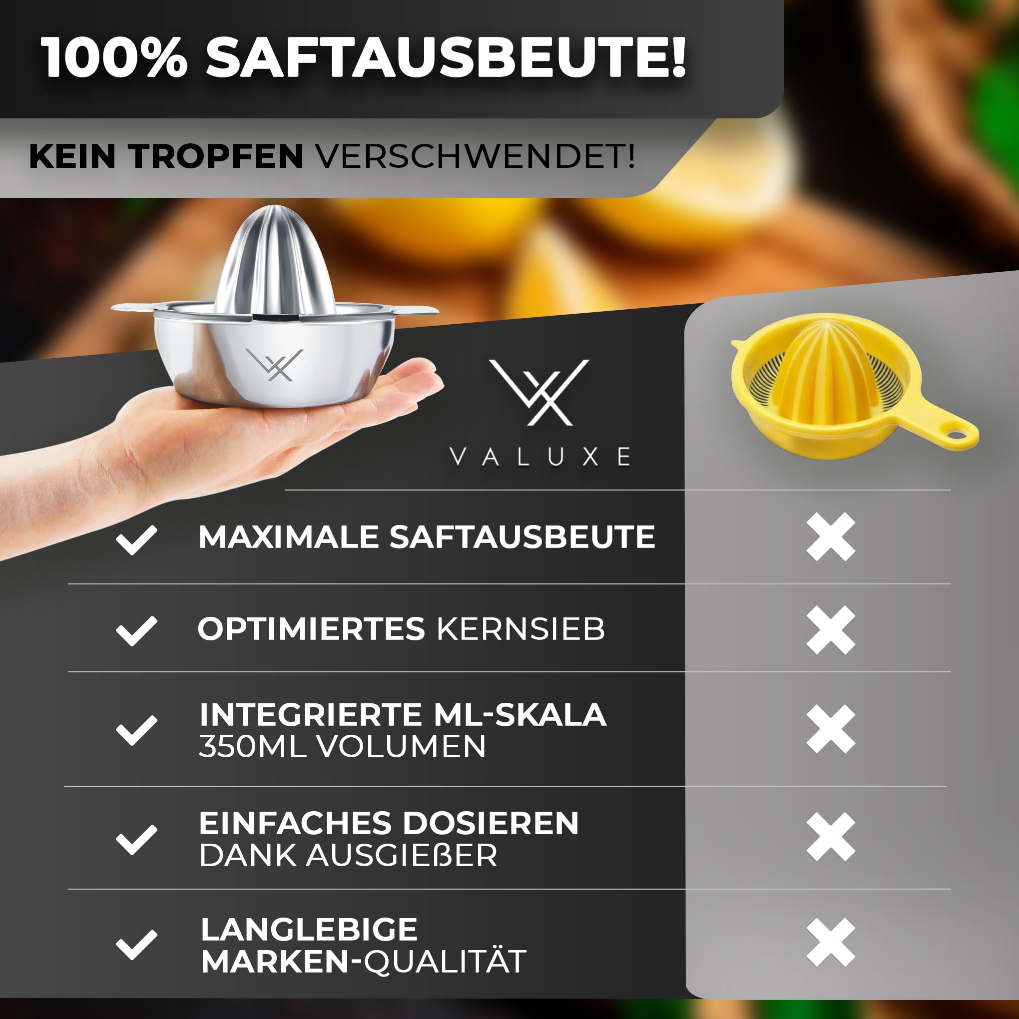 VALUXE® Premium Zitronenpresse Edelstahl - Zitruspresse für Zitronen, Limetten & Orangen mit 350ml Behälter - Manuelle Limetten-Presse, Lemon Squeezer spülmaschinengeeignet 6