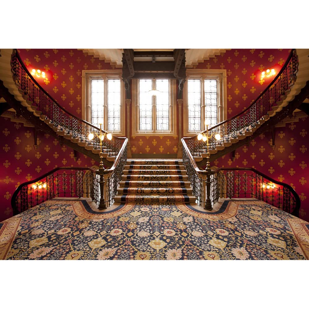 Aoihrraan 3x2m Luxury Palace Backdrop Wedding Stairs Vintage Flower Pattern Floor Lights Luxurious Hotel Interior Photography Background Bridal Shower Prom Party Decor Portrait Photo Studio Props
