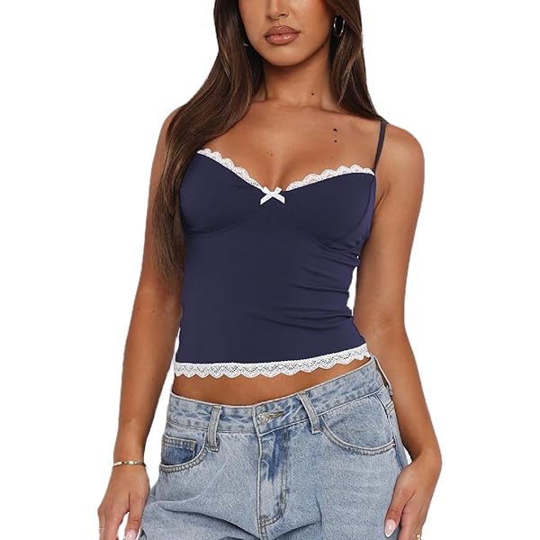 Y2k Lace Cami Tank Tops for Women Sexy Lace Trim Spaghetti Strap