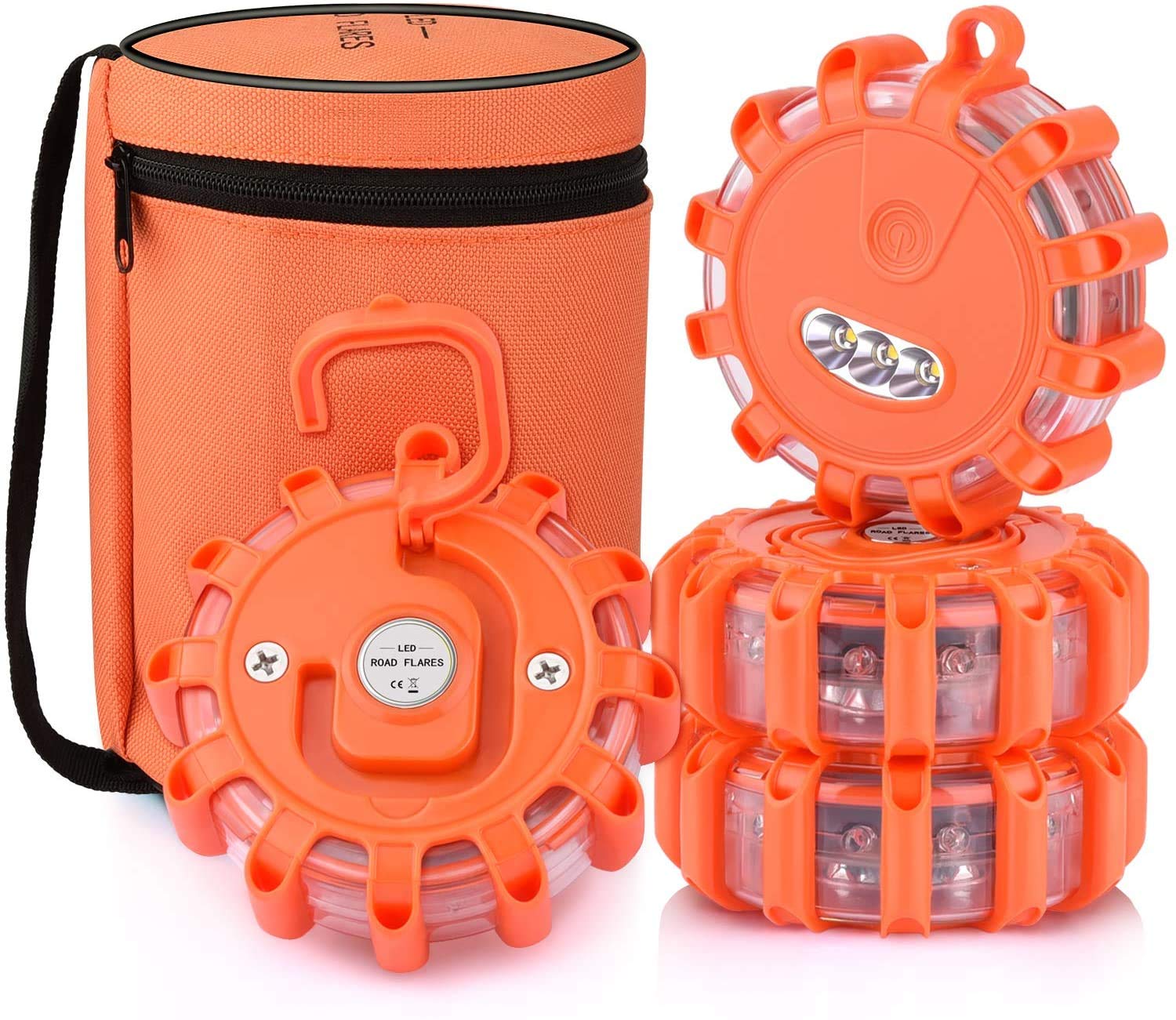 Vancle [4 Pack] LED Road Flares Safety Flashing Warning Light Roadside Emergency Disc Beacon Kit for Vehicles Boats with Magnetic Base & Hook, Premium Storage Bag (Batteries Not Included) (4)