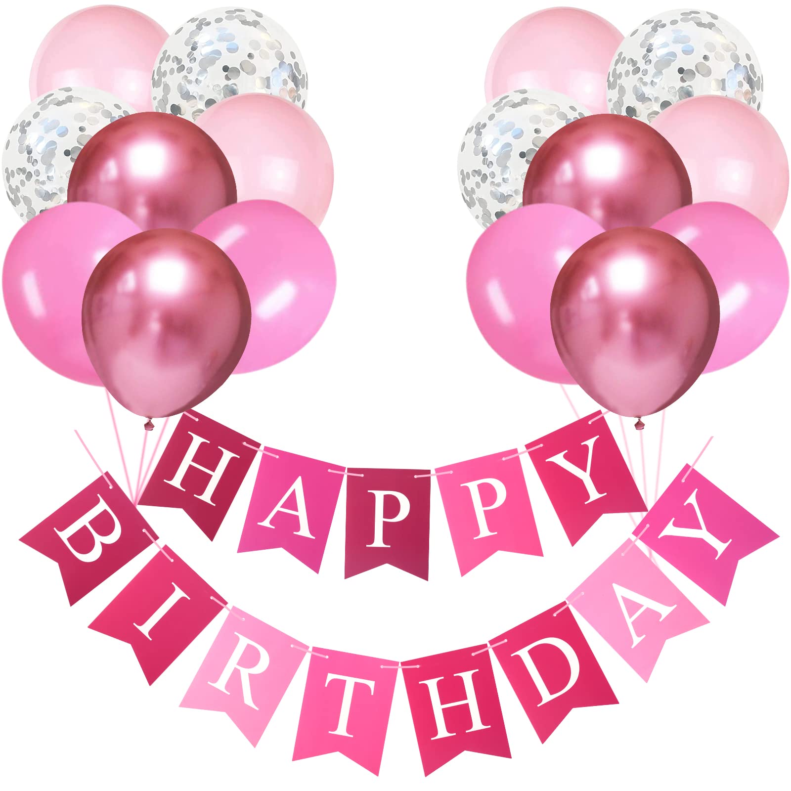 Happy Birthday Banner Bunting Pink Party Balloons Confetti Latex Balloon Pink Party Banners for Women Girls Birthday Decorations