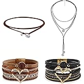 4 Pcs Boho Western Jewelry Set for Women, Faux Leather Wrap Multi-Layer Crystal Heart Bracelet Bangle Jewelry & Boho Country Pendant Layered Choker Necklace for Women Cowgirl Accessories (Brown Black)