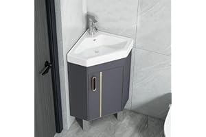 Topjia Corner Bathroom Vanity Sink Combo for Small Space, Freestanding Floor Mounted Bathroom Vanity with Ceramic Sink and Si