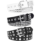 AEXHOT 3 Pcs Black White Studded Belt Y2K Star Belt Gothic Punk Rock Belts with Grommet Threads Bright Metal Pyramid Cool Belts for Women Men