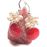 Freshwater Pearl Cluster with Hot Pink Fuchsia Quartz Heart Shape 15mm Teardrop Wire Wrapped Dangling Earrings in 925 Sterling Silver Earwire, Handmade Gift