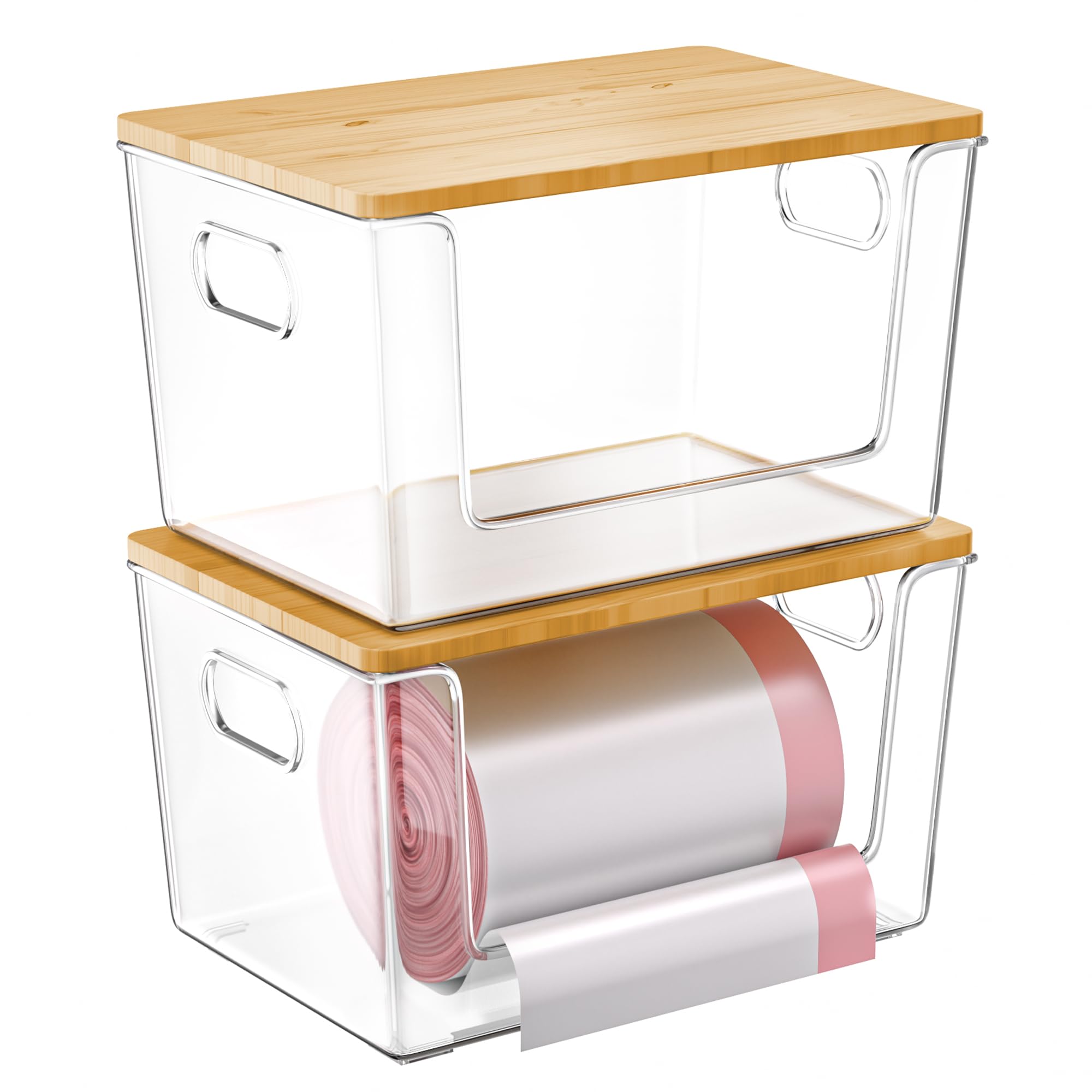 Photo 1 of 2 Set Pantry Organizer and Storage, Stackable Trash Bag Dispenser Clear Acrylic Kitchen Counter Pantry Baskets for Potato, Onion, Produce, Fruit, Vegetable, Snack, Trash Bag Holder with Bamboo Lid