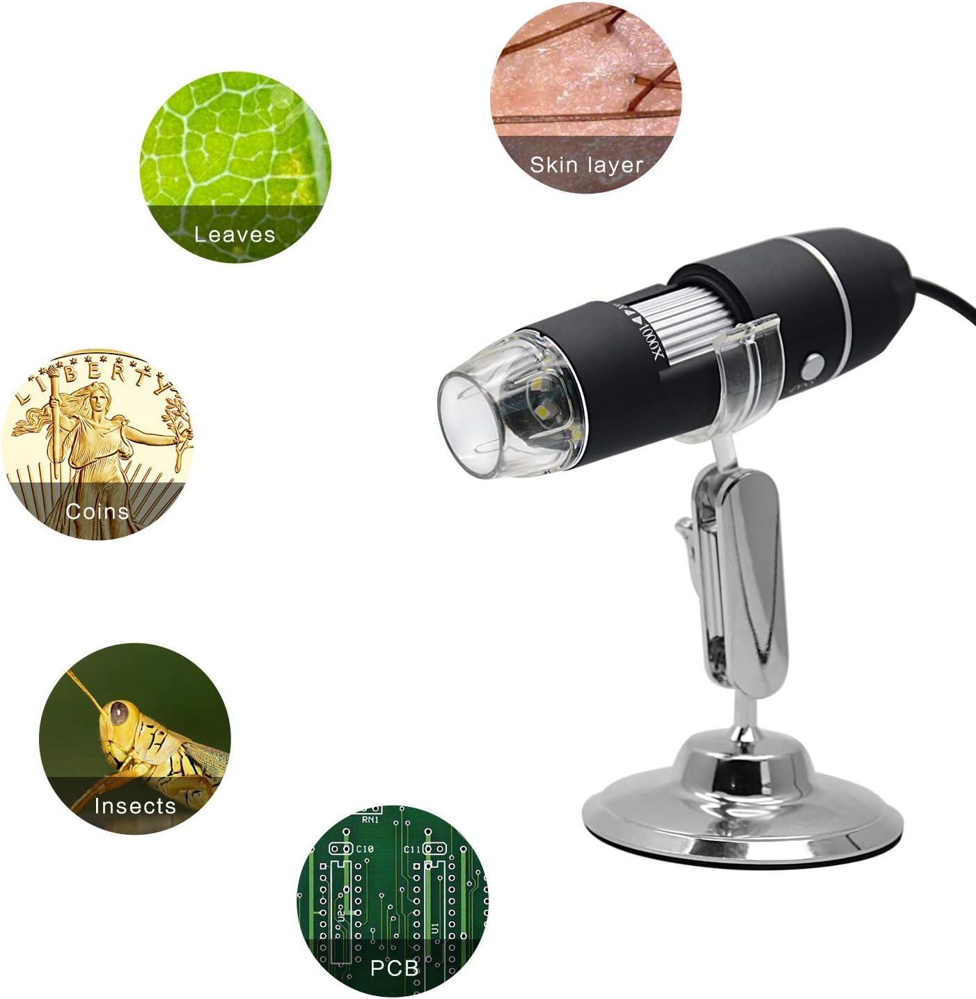 Electron Microscope 50 To 1000X Magnifying Endoscope 8 LED USB 2.0 Digital Microscopes Mini Camera with OTG Adapter And Metal Stand Compatible with Mac Window 7/8/10 Android Linux