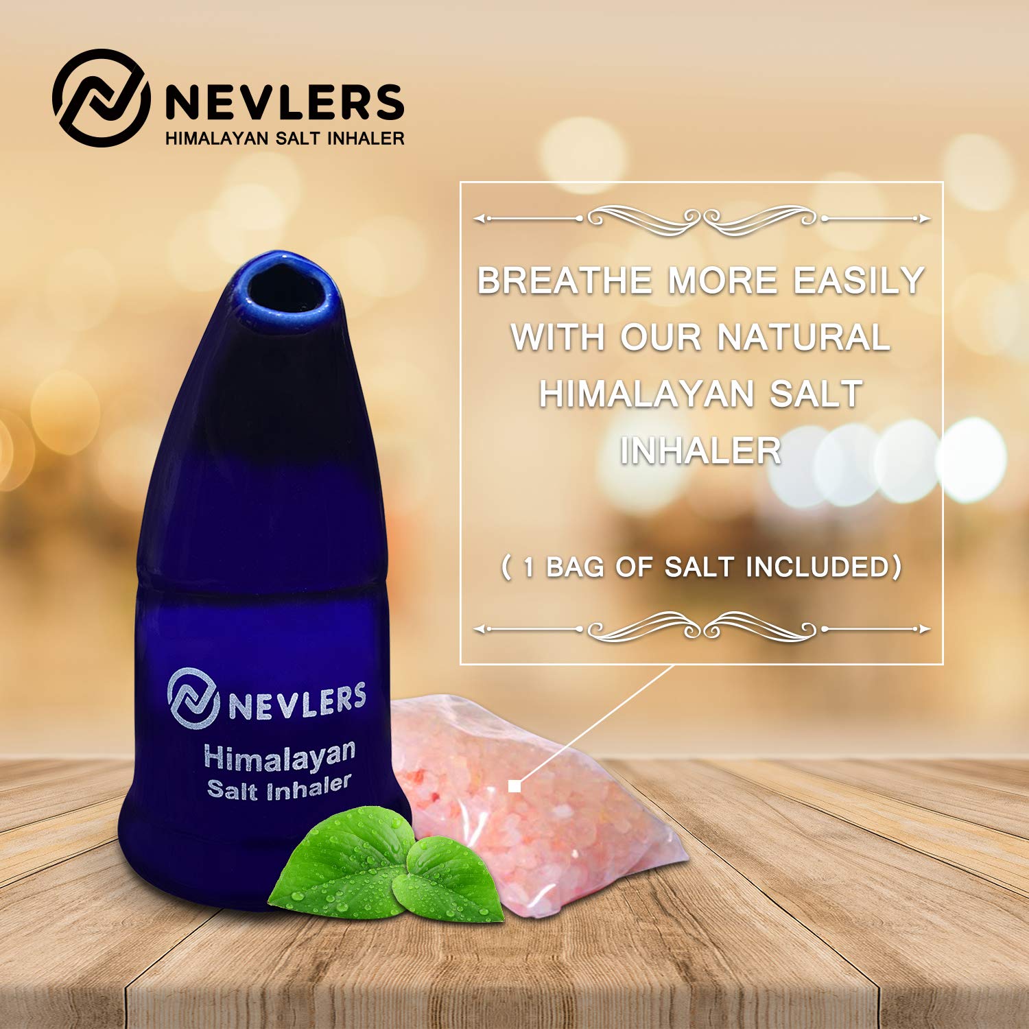 Nevlers Navy Blue Himalayan Salt Inhaler w/ 6 Oz Coarse Pink Himalayan Sea Salt | Ceramic Portable Himalayan Pink Salt Inhaler for Lungs & Nose | Homeopathic Natural Asthma Relief Smelling Salts