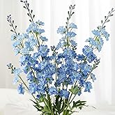 JINWOE 4Pcs Blue Delphinium Artificial Flowers, 34'' Lifelike Faux Larkspur Silk Flowers,Long Stem Fake Delphinium Plant Flower for Tall Floor Vase Outdoor Bouquet Home Table Kitchen Decor