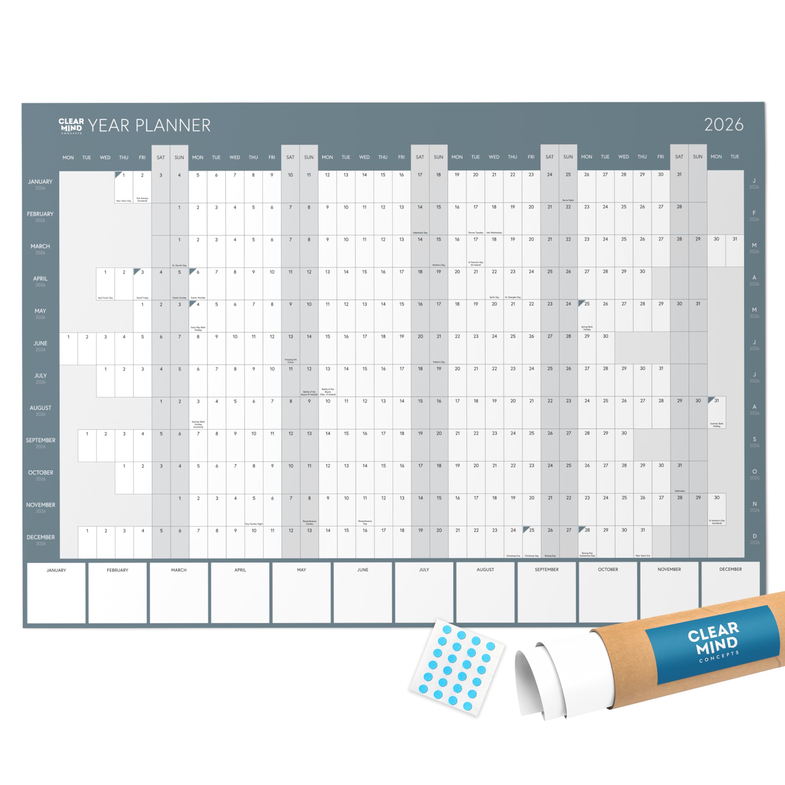 2026 Year Wall Planner by Clear Mind Concepts® - A2 Rolled Calendar on 250gsm Silk Paper (59.4 x 42 cm) - Includes UK Bank Holidays - Annual Wall Chart for Home, Office and Students