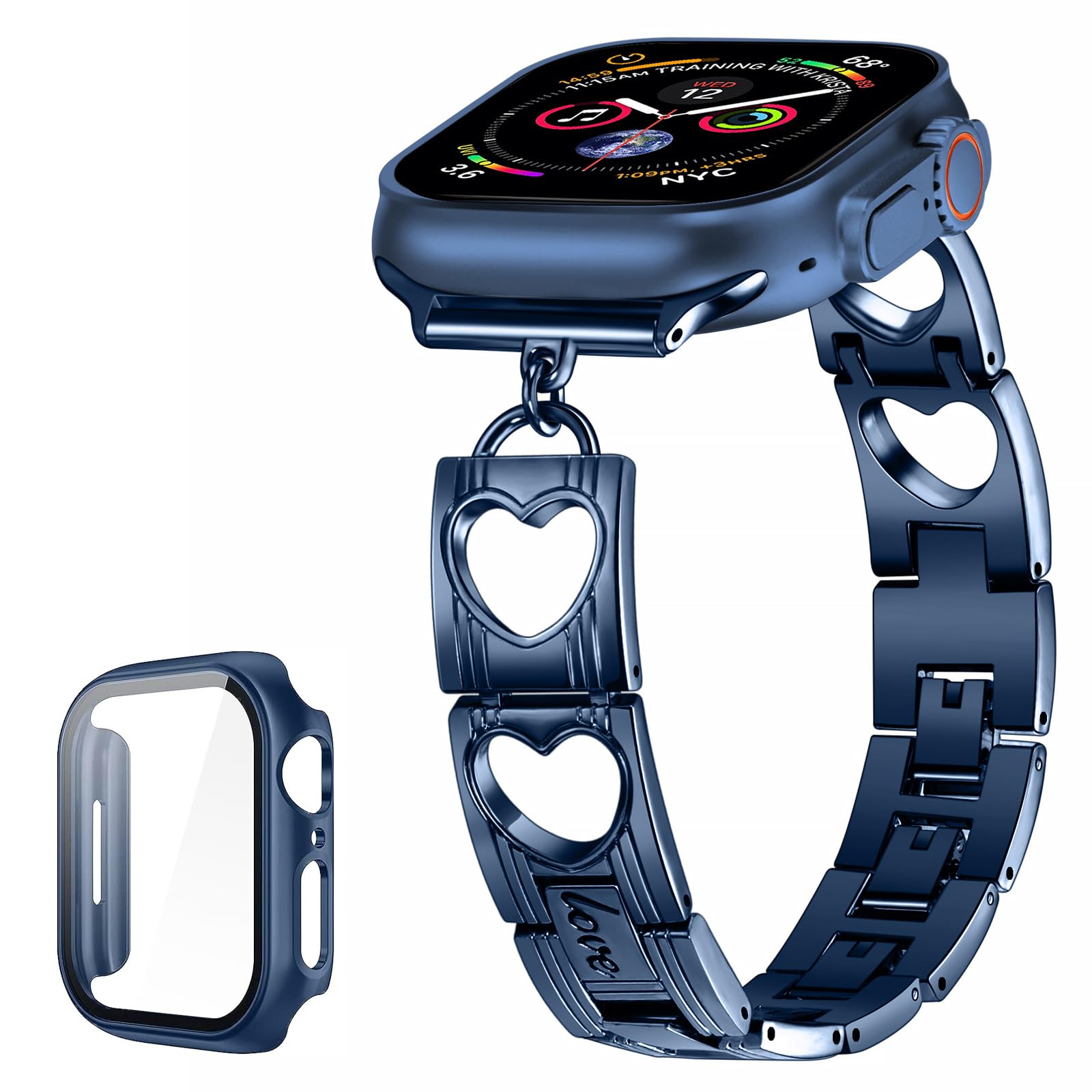 SaNgaiMEi Metal Strap Compatible with Apple Watch 41mm 40mm 38mm Women Heart Replacement Bands & 38mm Hard Case with Tempered Glass Screen Protector for iWatch SE Series 9 8 7 6 5 4 3 2 1(38mm Blue)