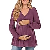 FMEYOA Women's Maternity Tops Long Sleeve V Neck Fall Loose Blouse Ruched Babydoll Pregnancy Shirts S-2XL